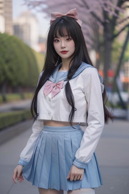 ltra-detailed,highly detailed,best quality,masterpiece,illustration,realistic,photorealistic,
hutao, solo, 1girl, cosplay, 
school uniform, sailor collar, serafuku, long sleeves, bowtie, pleated skirt, midriff peek, 
long hair, bangs, hair bow, 
looking at viewer, cowboy shot, standing, 
outdoors, day, photo background, grass, park,cherry blossoms, falling petals, wind,
 <lora:hutao_jk_v1_03:0.7>