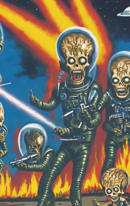 a painting of two aliens in space suits with guns in front of a fire with a building in the background in the style marsattacks