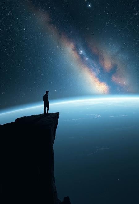 One shadowy figure standing on the edge of a cliff in space in solitude, gazing down at a planet below woundering if he's alone in the vast cosmos of reality ,  stars and galaxies  fill the background in representation of the deep endless sadness and loneliness that fills him to the core,