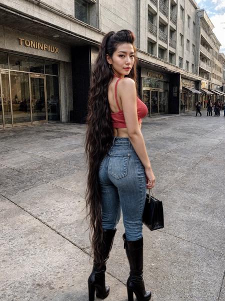 Taiwanese tall mature beauty bend over in (department store,outdoor,cityscape,accessories,shopping mall,outlet,sunny,sunshine,daylight,light on face,glare:1.1),shopping bags,(pompadour,very_long_hair, very wavy hair:1.3),(full body,high boots:1.2),(dress,boots,slender,very long thin legs:1),eyelashes,earrings,(frowning,disdain, slight smile),(look back,bend over,huge butt:1.2),very_long_hair
,RAW photo, 8k uhd, dslr, soft lighting, high quality, Fujifilm XT3,<lora:add_detail:1.5> <lora:taiwanDollLikeness_v20:0.2>, <lora:very_long_hair:0.3> <lora:Thinlegs:0.2>
