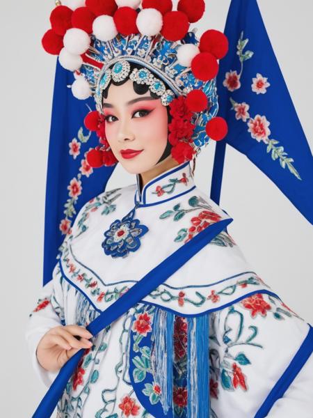 <lora:chinese operas_1:0.7>,A woman wearing a blue and white costume with colorful patterns, carrying several flags behind her,solo,Front close-up,daomadan,