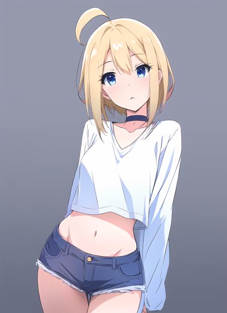 girl, solo, blue eyes, blonde hair, blunted bangs, hime cut, gradient eyes, perfect skin, perfect lighting, simple white background, choker, stare, sketch lines, drawing, expressive eyes, blush lines, line art, tall, thigh_gap, eyelashes, ahoge,
loose v neck t shirt, long sleeves, v-neck, jean shorts, midriff, standing, arms behind back, mature female, sanpaku eyes,
<lora:homebrew_aleos696:0.8>,