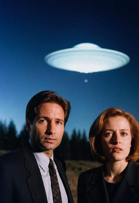 analog film photo XFiles, (Mulder and Scully), closeup, outdoors, big UFO in background, eerie light, night, back light . faded film, desaturated, 35mm photo, grainy, vignette, vintage, Kodachrome, Lomography, stained, highly detailed, found footage