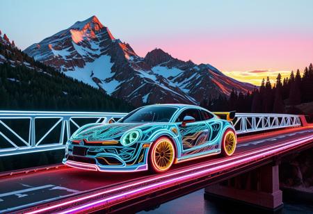 score_9, score_8_up, score_7_up , colorful , bridge made of  wires outlined with wires and neon, sunset, (red sky:1.1), kristal clear streaming water, pine trees, mountains, local road, sportscar made of cottoncandy,  golden hour lighting, Photo realistic, Natural atmospheric lighting, intricate details, 35mm photograph, film, professional, 32k visuals, highly detailed, (car on the bridge behind the safety rail:1.7), close up, (mountain tops made of white neon:3), end_tripwire_morph.