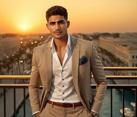 Nautical-themed (Photo:1.3) of (Ultrarealistic:1.3) <lora:Man_Men_FFashion:1> mena massoud a man <lora:shubman-gill_Mena-Massoud:1> in a tan suit standing on a balcony, sun behind him, inspired by Pablo Munoz Gomez, shot at golden hour, editorial photograph, midshot of a hunky, by Roman Bezpalkiv, by Artur Tarnowski, maxim sukharev, by Gabor Szikszai,Highly Detailed,(Mono Color:1.3) . Sea, ocean, ships, maritime, beach, marine life, highly detailed