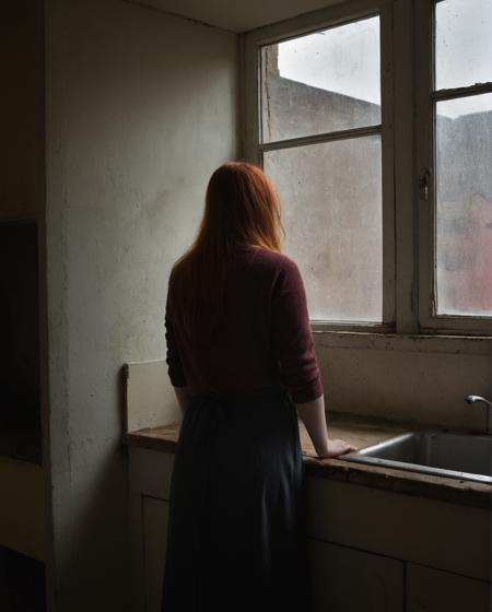 In the dark and neglected kitchen, a solitary figure stands out, bathed in a beam of light filtering through the dirty window. The slender red-haired girl is immersed in this desolate environment, her figure barely outlined by the scant illumination. Her face, illuminated by the shaft of light, reveals an enigmatic expression, perhaps a mixture of determination and melancholy. The details of the kitchen, though dark and deteriorated, suggest a story behind every crack and stain. The image evokes a sense of loneliness and stillness, but also hints at a feeling of hope, as if the light penetrating through the window were a reminder of the possibility of change, of an exit to a different world.