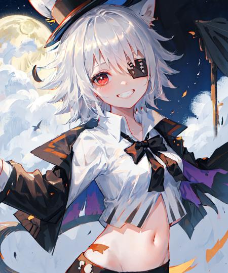 masterpiece, best quality, <lora:ClickV1:0.7>, click \(arknights\), 1girl, solo, hair between eyes, mouse girl, short hair, grey hair, red eyes, animal ears, looking at viewer, eyepatch, navel, white shirt, black bow, crop top, black bowtie, official alternate costume, black jacket on shoulders, black top hat, from side, night, sky, moon, looking at viewer, grin, from side, portrait, close up