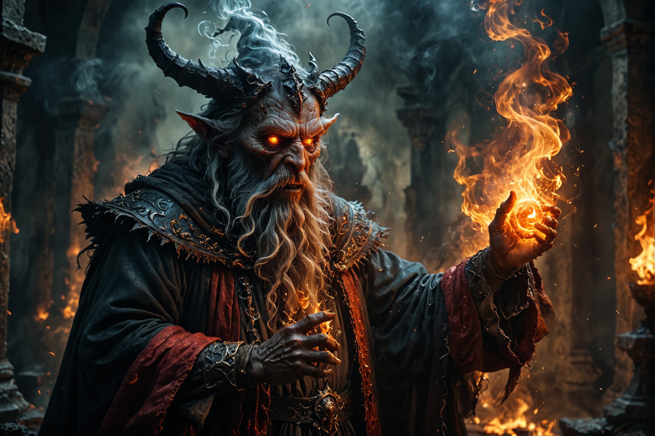 old wizard summoning a demon, partially transparent devil materializing, fierce fiery flaming glowing eyes
smokey, mysteri...