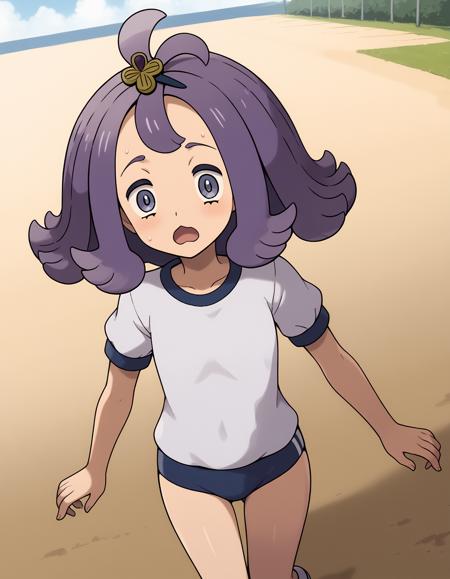 acerola \(pokemon\), purple hair, hairpin, hair ornament, :3 dress, torn dress, blue dress, grey dress, multicolored clothes, stitches,short sleeves armlet, sandals