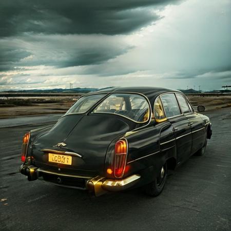 studio lights exclusive photo, car shiny gold <lora:tatra603:0.7> in dystopian thriller, cyberpunk ((masterpiece)) dark stormy clouds