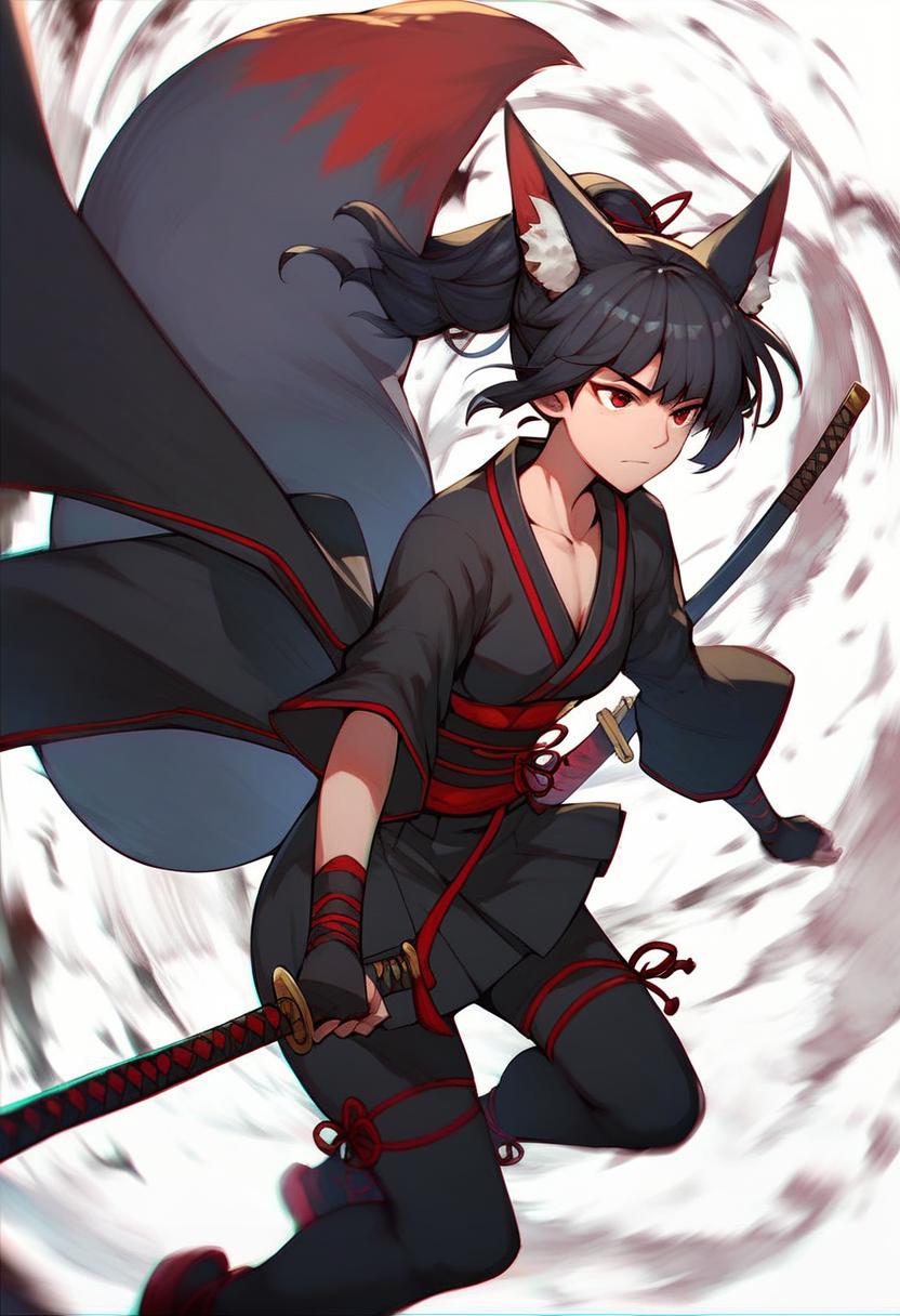 1girl, fox ears, fox tail, short red and black kimono, long black hair, red eyes, swinging katana, Japanese  <lora:DynamicPose_alpha1.0_rank4_noxattn_100steps:1>, score_9, score_8_up, score_7_up, score_6_up, score_5_up, score_4_up,