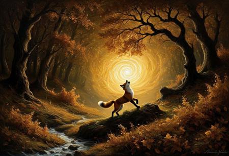 A masterful oil painting in the heroic, beautiful style of Boris Vallejo, but filled with whimsy. In a moonlit clearing, a fox stands joyfully on its hind legs in a dancing pose. It is surrounded by a magical, swirling vortex of autumn leaves, which glow with a warm, inner light. This abstract, painterly vortex is the main light source, creating a beautiful chiaroscuro and casting soft, Aivazovsky-style volumetric rays. Each leaf is a single, thick daub of impasto paint. The atmosphere is pure enchantment, joyful, and deeply magical.