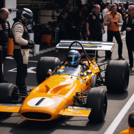 photo of mclaren, front view, in the pit lane, 8k uhd, high quality, cinematic, filmic image 4k, natural sunlight, vibrant color, reflections