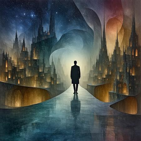 Ephemeral human silhouette, composed of swirling starlight particles and forgotten whispers, gazes not outward, but into a vast, multi-layered cityscape woven from liquid temporal distortions and fractured stained glass. Impossible Escher-esque architecture folds upon itself under localized gravity fields. Style: Surrealism of Remedios Varo meets the intricate biological geometry of Ernst Haeckel, rendered with ethereal, volumetric light shafts. Atmosphere of profound solitude, lucid dreaming logic, quiet cosmic horror. Shimmering chromatic aberrations subtly fringe the scene. Vastly different interpretations encouraged.