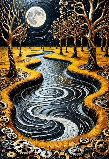 g3ars, 8k, Raw digital photo, natural lighting, surreal horror golden landscape in Van Gogh's swirling brushstrokes, twisted black night sky, river made of water drop, drops with distorted reflections of white crescent moon, made out of gears, twisted and screaming water drop trees, cracked ground, thick impasto oil textures, no people, oppressive atmosphere, post-impressionist nightmare, emotional intensity, 4K, detailed, full body, masterpiece, best quality, amazing quality, very aesthetic, made out of gears, professional, 4k, highly detailed, dark background, made out of gears