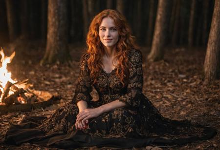 A captivating, cinematic night time photo of elegant beautiful woman sitting on the ground, around a campfire, hands on lap, smiling, age 40 with long curly orange hair and freckles. She is dressed in an exquisite, gold and black gypsy dress adorned with intricate lace and gold thread patterns. Her long orange hair flows elegantly, and her eyes are a striking shade of red. Matching red slippers enhances her look. The background is covered wagon, a mystical, moonlit forest filled with mysterious glowing eyes, creating an atmosphere of supernatural enchantment., DarkFantasy, photo, cinematic,