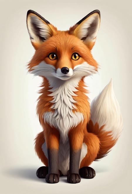 A small, cartoon-like, illustrated, charming fox named Fern with soft, reddish-brown fur, a bushy white-tipped tail, and curious, wide amber eyes. Fern has a gentle, kind expression, with his ears perked up in attention.