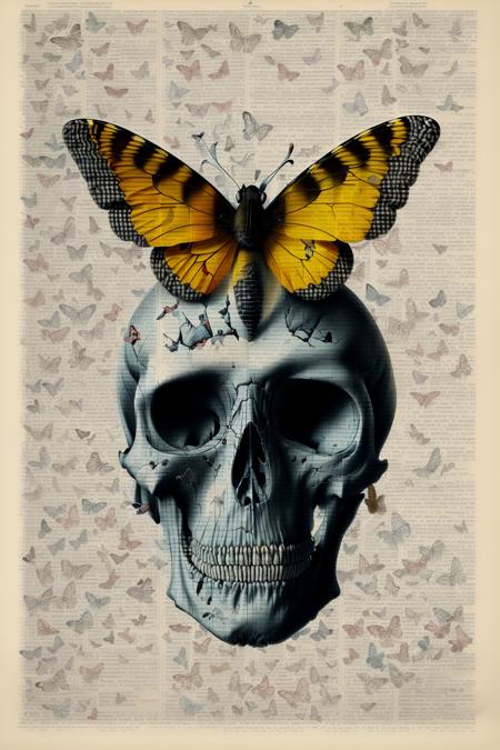 a skull with a butterfly on top of it's head and a butterfly on top of it's head, Dan Hillier, anatomical, poster art, pop surrealism,  dictionary_art