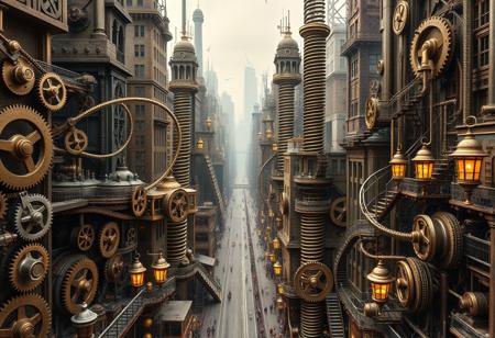 springpunk cityscape, intricate and exposed gears, visible coiled springs powering every structure, brass and copper tones, massive wind-up mechanisms driving city movement, clockwork devices visible in all aspects of the architecture, large winding keys embedded in buildings, complex pulley systems connecting structures, delicate springs in constant motion, cranks and levers powering transportation, spiraling springs stretching between towering structures, rhythmic ticking and clanging of metal, polished brass gears turning harmoniously, spring-loaded elevators and vehicles, shining metallic surfaces reflecting light, visible winding mechanisms, photorealism, high resolution, ((masterpiece)), interconnected gear networks controlling the city’s operation, massive pistons pushing the city forward, winding staircases made of springs, tightly coiled springs pulsing with energy, mechanical birds flying on spring-driven wings, glowing brass lanterns lit by clockwork power, harmonic movement of all mechanical elements, intricate coil patterns embedded in streets and structures