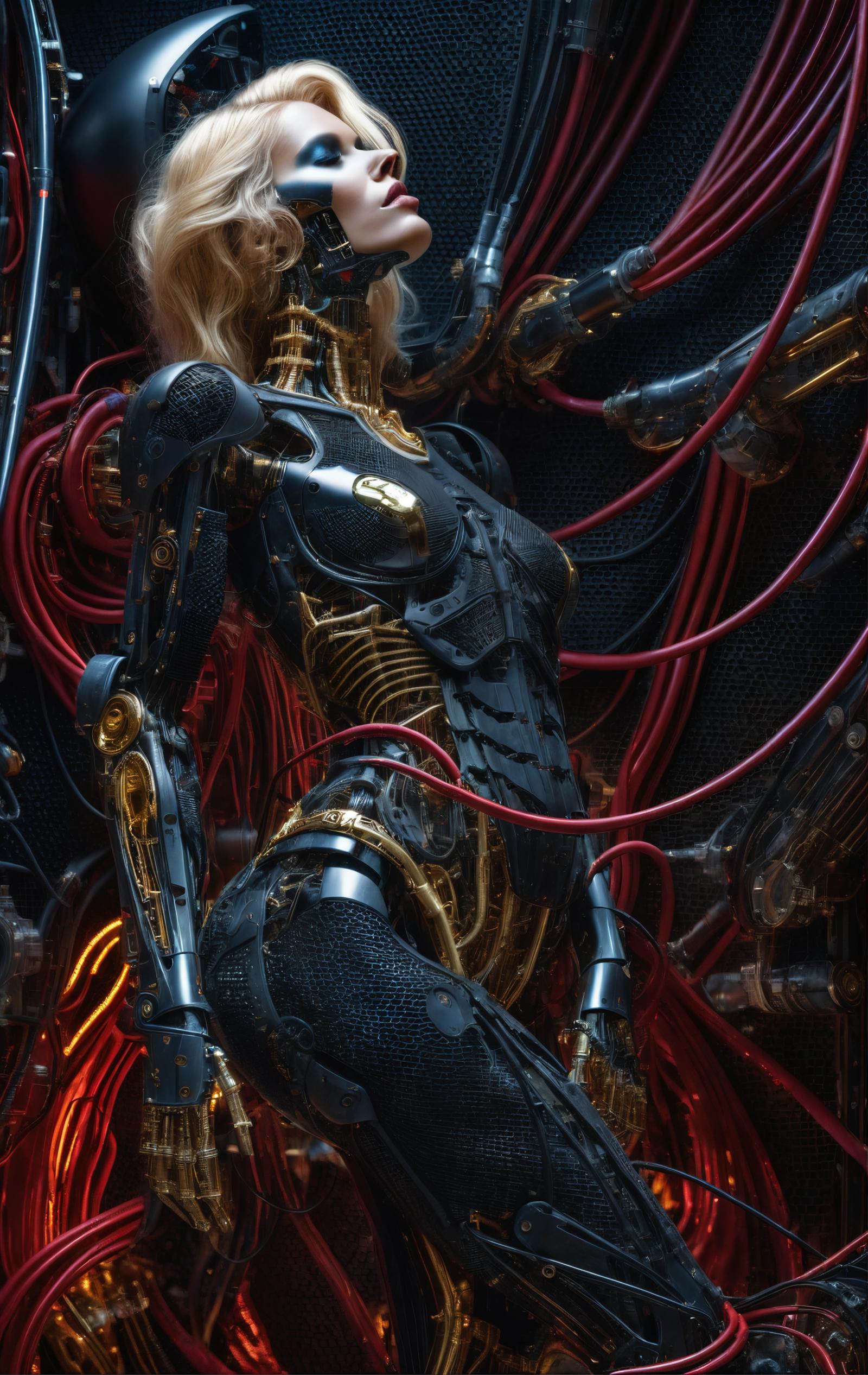 A robotic woman with a gold and black suit and wires covering her body.