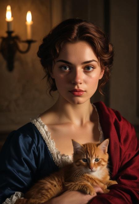 (((masterpiece, perfect Caravaggio's closeup portrait of a very beautiful girl, subtle smiling, with light skin imperfections and some freckles))). She's petting a cute red kitten on her laps. Inside an ancient noble Roman house of 1700 with rich furniture and curtains. Twilight warm and calm atmosphere. Precious blue colored fabrics for her elegant outfit.
Wide angle lens, ((low angle shot)), ((full figure shot)), perfectly detailed scene, extreme realism.
((Carachters illuminated only by warm soft candle light, dark shadows)), artistic framing, low saturation, low contrast, ((soft focus)).