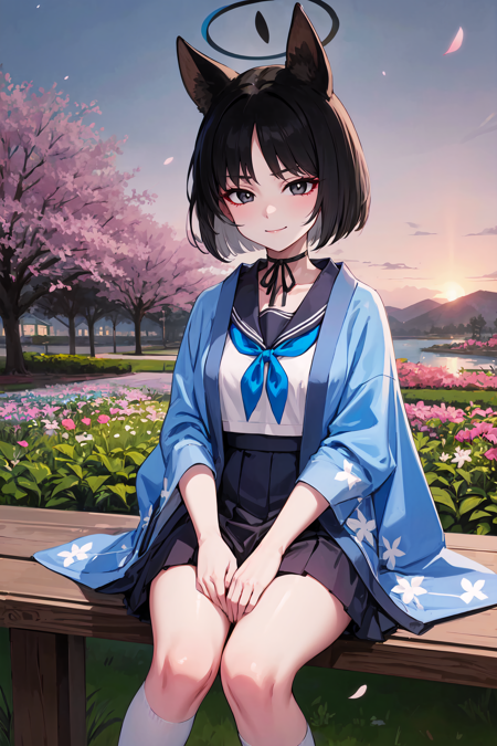 kikyou kiryuu, halo, black hair, short hair, choker japanese clothes, blue kimono, white serafuku, blue neckerchief, black skirt, white socks, sailor collar