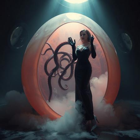 noble norvegian femme fatal lady  standing struggling with with tentacles pulling her inside  hole in giant transparent slime egg,  wearing evening GLOSSY THIN black slime live tentacles gown, GLOVES  and high heels, , surrounded by  weird fog from the floor, captured in light beam from celling,  alien breeding chamber,  , portholes to outer space,  ultrathin waisT, HORROR,  reminiscent of H.R. Giger, Zdzisław Beksinski, and Ash Thorp's dark, sleek styles, with close-up glamour photography, glossy satin and silver heels glistening, fleshy slime dripping, and dark shadows.