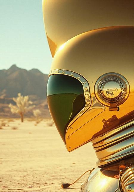 avant-garde, retro futurism , gold and chrome, california desert, 1970s, robert T, techno style
