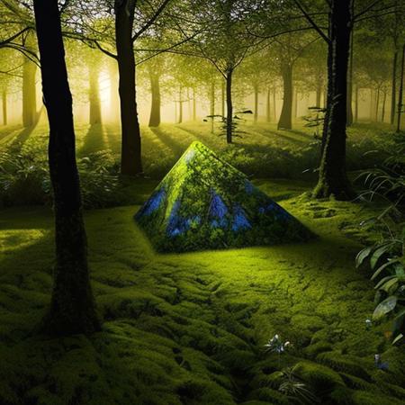 A hyper-realistic painting featuring a three-dimensional blue triangle with human eyes and a mouth, clearly expressing an emotion such as sadness or joy. The triangle should have realistic textures and lighting, making it appear as part of the physical world. It is set in a lush, vibrant forest at dawn, with sunlight filtering through dense foliage, illuminating the moss-covered ground and small wildflowers. Birds and woodland creatures add life to the serene setting. The triangle should blend seamlessly into the environment despite its surreal form, creating a striking contrast between the natural beauty of the forest and the lifelike, anthropomorphic triangle