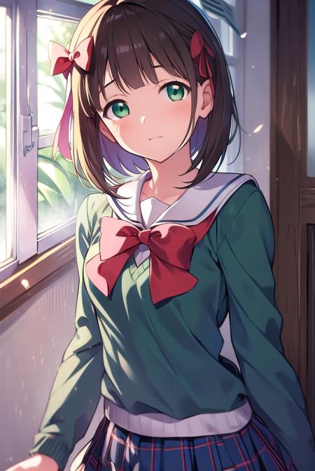 harukaamami, <lyco:harukaamami-LYCORIStest:1>,
haruka amami, brown hair, (green eyes:1.5), short hair, (hair bow:1.5), hair ribbon, bangs, blunt bangs, (small breast:1.2),
BREAK bag, bow, school uniform, serafuku, skirt, sweater, long sleeves, red bow, blue skirt, grey sweater,
BREAK looking at viewer,
BREAK indoors, classroom,
BREAK <lora:GoodHands-vanilla:1>, (masterpiece:1.2), best quality, high resolution, unity 8k wallpaper, (illustration:0.8), (beautiful detailed eyes:1.6), extremely detailed face, perfect lighting, extremely detailed CG, (perfect hands, perfect anatomy),