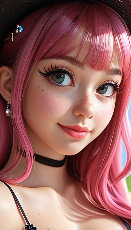 (Cel-shading:1.8), (in ARTIST style:1.7), (masterpiece:1.7), tsundere, CivChan, cartoon style, comics style, pink theme, from side,
(masterpiece), (best quality), (ultra-detailed)
(Medium shot:2) gorgeous girl face, cute, beautiful, gorgeous, smiling:1.1, (both hands on cheeks:1.1), showing emotions, perfect body, solo, long hair, (very long eyelashes:2),perfect pink hair, streaked pink hair, , bangs, freckles, striking large eyes, aligned eyes, mirror eyes, witch costume, witch hat, , indoor witch hut, gorgeous,pink theme,
eyeliner, trendy portrait, bare shoulders, tender Aesthetic nose, perfect lips, gorgeous lips, puffy lips, sensual lips, cinematic,
(masterpiece), (best quality), (incredibly detailed:1.4) (beautiful detailed face, beautiful detailed eyes), (ultra-detailed), very aesthetic, illustration, perfect composition, intricate details, absurdres, detailed skin, clean skin,  pure skin,
(masterpiece:1.8), (highest detailed:1.8), (angle:0.9), perfectly lighted, (contrast), (saturated), (((sharp focus))), (hyperdetailed:1.3), (intricate details:1.2), (Refined details:1.3), (best quality:1.5), highly detailed textures,
<lora:Apparatus_-_Traction_City_Walkers_Vehicles:0.6>,
<lora:add-detail-xl:1> (ultra sharp focus:1.8), (detailed skin:1.8), (best quality:1.8),
<lora:glowneon_xl_v1:0.6>
<lora:Someplastic_b:1>