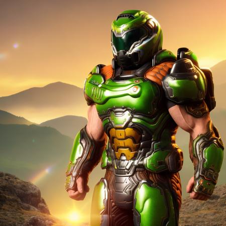 best quality, highres, absurdres, close view, accurate, solo, standing, valley, sunlight, 1boy, green armor, clenched fists, boots, helmet, muscular, slayer,  <lora:doomslayer2:1>