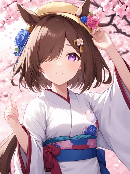 (masterpiece),(highest quality),highres,(an extremely delicate and beautiful),(extremely detailed),
1girl, japanese clothes, solo, kimono, animal ears, horse ears, hair over one eye, brown hair, flower, purple eyes, sash, smile, obi, blush, wide sleeves, white kimono, rose, blue flower, blue rose, floral print, closed mouth, horse girl, long sleeves, print kimono, cherry blossoms, looking at viewer, upper body, petals, hair flower, hat, bangs, blurry, arm up, blurry foreground, tilted headwear, depth of field, hair ornament, short hair, one eye covered, hand up, eyebrows visible through hair, long hair, blurry background, pink flower, alternate costume