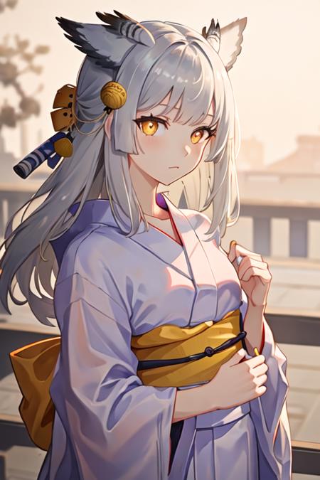 best quality, masterpiece, highres, solo, {yukata:1.40}, {kimono:1.20}, {ptilopsis_arknights:1.15}, bangs, owl_ears, long_hair, white_hair, orange_eyes, yellow_eyes, upper_body, grey_hair, closed_mouth, feather_hair