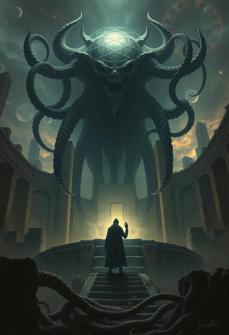 Speaks the Unbeliever's fright., cosmic horror, eldritch, mysterious, otherworldly, dark atmosphere, ancient ruins, forbidden knowledge, shadowy, tentacled entities, surreal, ominous, dread, alien geometries, gothic, arcane symbols, brooding, eerie, unknowable.