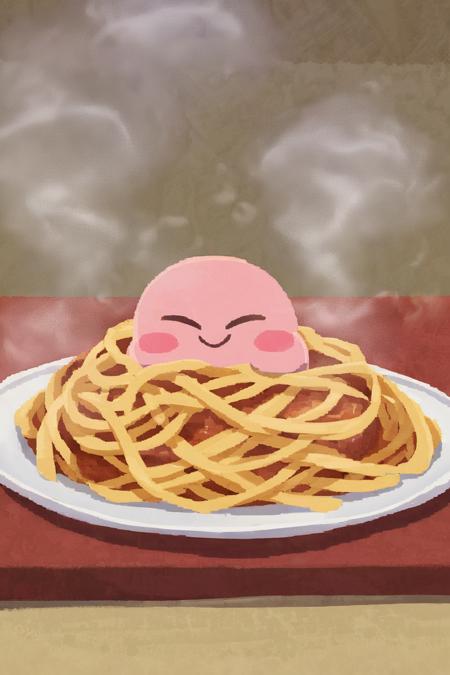 Ara love kirby style, kirby, food, no humans, closed eyes, smile, plate, holding, meat, food focus, steam, pasta, closed mouth, solo