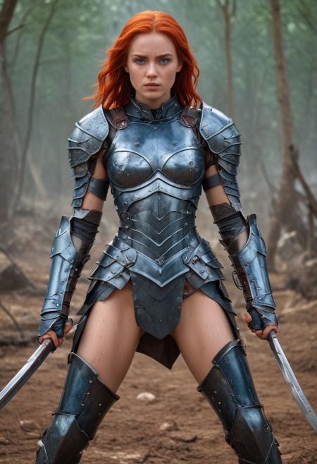 Movie poster stylized in the form of a movie poster for a fantasy film called Warrior girl, Beautiful Warrior girl, in realistic iron armor, A girl standing on a bloody battlefield, Stylish Warrior girl sign in the middle of the poster, red hair waving dynamically, Intricately Designed dirty face, wet oily shiny skin, reaistic blue eyes, caught in the full-body noon light, cinematic lighting highlight, Atrractive 21 years old woman, attractive, 8k resolution concept art portrait by Greg Rutkowski