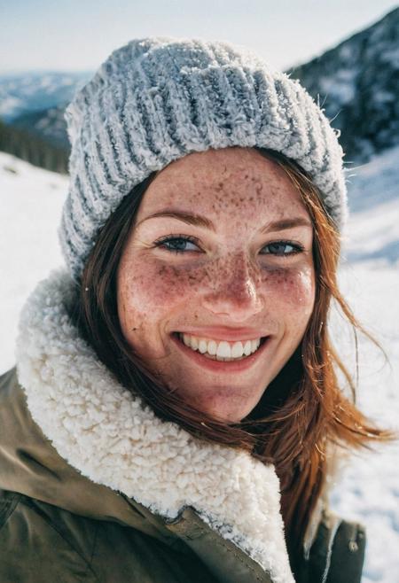 35mm photography portrait of beautiful smiling woman with freckles in a snow-covered mountain