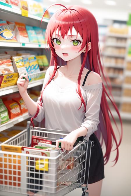 1girl, yusa emi, <lora:YusaEmi:1>, shopping cart, groceries, casual,, , highres, absurdres,