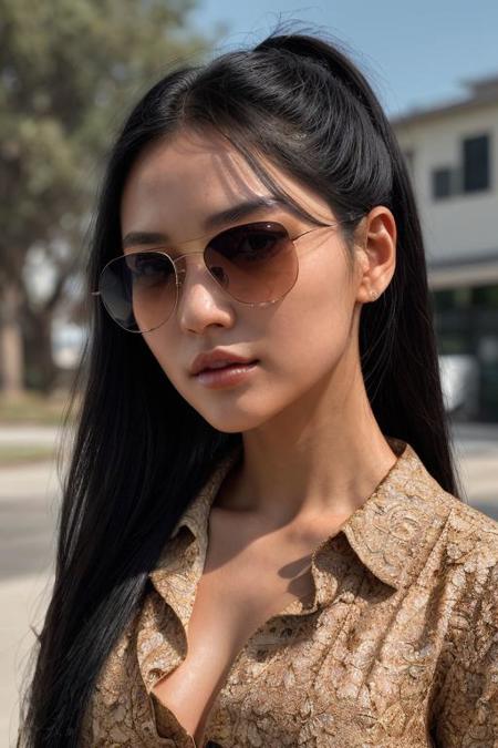 black hair, a portrait of Chae-Won Yi with medium length black hair, posing, ponytail hair, face to the viewer, friendly looking, highly detailed face by greg rutkowski and magali villanueve, beautiful eyes, colorful sunglasses, great propotion body, flowery female shirt, toned body, cinematic lighting, bright lit background, Hyperrealism, photography, intricate details, masterpiece, --ar 9:16
