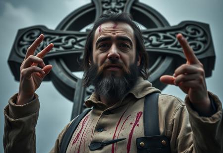 “Posaman, portrayed by Italian actor and comedian Lillo, should be reimagined in a haunting, eerie style while still highlighting his exaggerated, quirky poses. Using Panavision Prime lenses, capture his distinct features—his expressive face, short beard, and casual-yet-confident demeanor—infused with a chilling edge. In the background, a massive Celtic cross looms, casting dark shadows that add an air of mystery and intensity. The lenses should emphasize hyper-realistic textures, with natural yet pallid skin tones, lifelike clothing splattered with unsettling streaks of blood, and detailed facial expressions that hint at a sinister undertone. His exaggerated, almost grotesque poses, framed by the imposing Celtic cross, should blend realism with dark humor, amplifying his macabre comedic style and unsettling authenticity.”