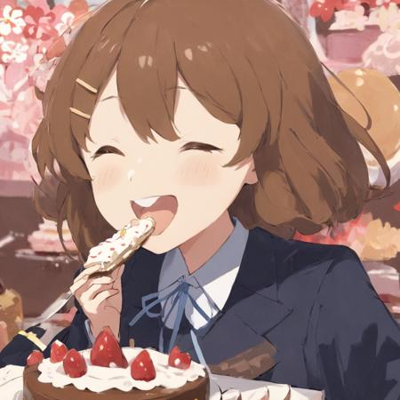 A masterpiece anime professional digital art of a girl named Hirasawa Yui happily eating a cake with her eyes closed <lora:hirasawa_yui_xl-000024:1>