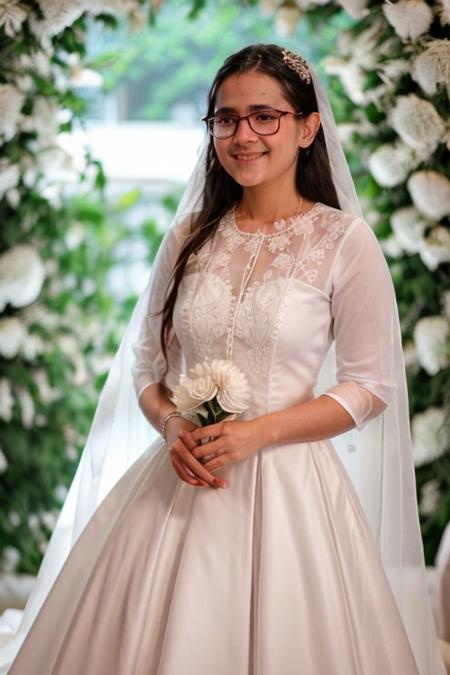 1girl,  wearing glasses,  wearing white wedding dress, <lora:EMS-46027-EMS:1.000000>