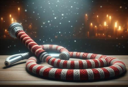 fire hose made of ChristmasSweater, masterpiece, best quality, highly detailed, sharp focus, dynamic lighting ChristmasSweater