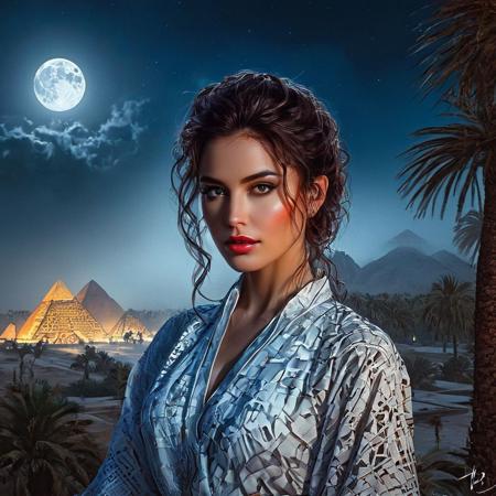 Portrait of the beautiful Lois Lane on the background of pyramids, 
in Arabic attire, 
wavy hair, 
jewelry with rubies, 
double exposure, 
palm trees, 
fog, 
beautiful night landscape with a full moon, 
concept art in a surreal and fantasy setting, 
combining the artistic styles of Jose Royo, 
Boris Vallejo, 
with high detail, 
hyperrealism. The 8k image, 
created in the impressionist style influenced by the works of Carne Griffiths, 
Russ Mills, 
Mark Demsteder, 
Andreas Lee, 
Vadim Kashin, 
Degas, 
Monet, 
is distinguished by the precision and beauty of anatomy, 
symmetrical composition in the center, 
three-dimensional lighting, 
rays, 
bright color reflections., 
clarity, 
the best result in the field of visualization, 
the best result in the field of a very beautiful face, 
Gothic style. style, 
shades, 
divine presence, 
cinematic quality, 
clear focus, 
studio shooting, 
16K UHD resolution, 
masterpiece ultrarealism, 
masterpiece detail, 
dynamic composition, 
hyperrealism, 
masterpiece hyperrealism