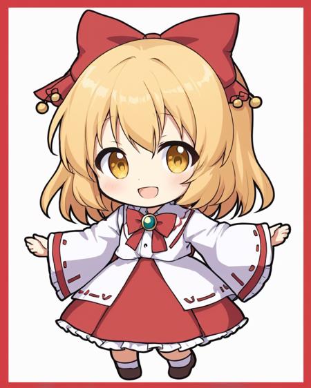 satsuki rin,1girl, solo, open_mouth, hair_bow, red_bow, smile, long_sleeves, chibi, red_skirt, white_background, wide_sleeves, simple_background, white_shirt, frills, looking_at_viewer, bowtie, black_border, miko
<lora:satsuki_rin_image186_2023-12-11:1>,star-shaped_pupils,symbol-shaped_pupils,. gorgeous,key visual, vibrant, studio anime,award-winning, professional, highly detailed,high budget, cinemascope