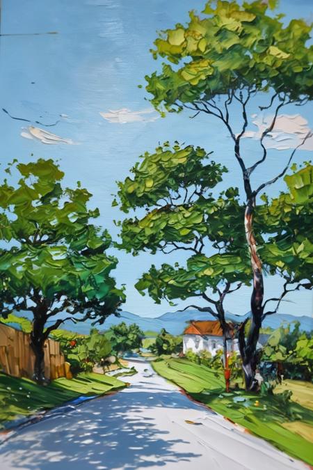 rick_thickoil, a painting of a road with a tree on the side, <lora:Rick_ThickOil:0.8>