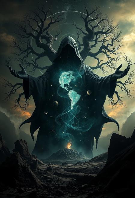 A universe inside a dark cloaked figure within mysterious landscape in an unfathomable realm of fantastic creation inhabited by ancient shadows of a forgotten time beyond the gate of the gateless gate where life is limitless, light is shadow and shadow is light, eerie sense, horror, spark of the beginning, existence and nonexistence at once, ethereal, outstretched arms, behold the end of the beginning, inglorious glory to the dark one, betrayal of the ancient order, beware the 7headed beast, destroyer of the old ways, bearer of the unbearable, nightmarish, archaic runes, tree aging backwards, breath of the gods, ruins of a place unimagined, extreme intricate detail, photorealistic, beyond epic scene, fate discarded, unseeable face of god, the end is the beginning, the beginning is the end, man arises as god dies