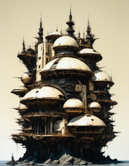 hyper realistic photograph of  a (complex architectural science fiction structure:1.4) by Bob Eggleton and Yoji Shinkawa, (glossy, ivory , masterful:1.4), medium full shot, poster art, bold lines, hyper detailed, expressive,  award winning,  dark limited color palette, high contrast, depth of field, (intricate details, masterpiece, best quality:1.4),
overexposure, looking at viewer, dynamic pose, wide angle view,
<lora:add-detail-xl:1> <lora:xl_more_art-full_v1:0.5>  <lora:NicolaSamori:0.5> in the style of nicola samori <lora:looking_at_viewer:2>