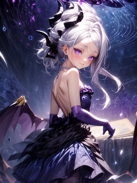 long hair,dress,jewelry,white hair,horns,1girl,purple eyes,gloves,bare shoulders,elbow gloves,necklace,solo,demon horns,earrings,purple gloves,looking at viewer,strapless,strapless dress,blush,halo,sidelocks,parted bangs,closed mouth,collarbone,smile,demon girl,wings,multiple horns,demon wings,ponytail,ribbon,low wings,blue dress,small breasts,hair ribbon,grey hair,backless dress,backless outfit,pantyhose
